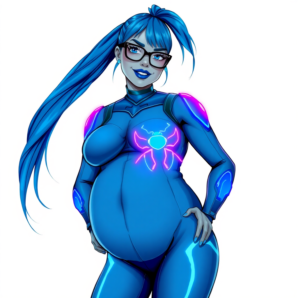 A 28-year-old, full-figured, middle gray metal skinned computer program-human hybrid with a long ponytail of maximum blue hair. She is the digital sidekick, computer hacker, and nerdy girlfriend of her cyberpunk vigilante boyfriend. Her middle gray metallic skin, distinct from any other character, highlights her digital nature. She wears maximum blue lipstick and has bright blue eyes. Her outfit includes a maximum blue full bodysuit with neon blue glowing beetle-themed accents completed by a neon blue glowing chest icon of a beetle. Black eyeglasses accentuate her nerdiness, and she has a lovestruck smile with neon red blush. Her full figure, including a prominent, gargantuan, round midsection (with full emphasis on the belly), thick limbs, and broad shoulders, reflects the doting care of her vigilante boyfriend. The background is solid white. She is drawn as if she was in a retro 2D cyberpunk fighting game. Ensure her bodysuit covers all her bare skin (especially her gargantuan midsection). Her bodysuit is influenced by Silk Spectre II, but remains distinct.