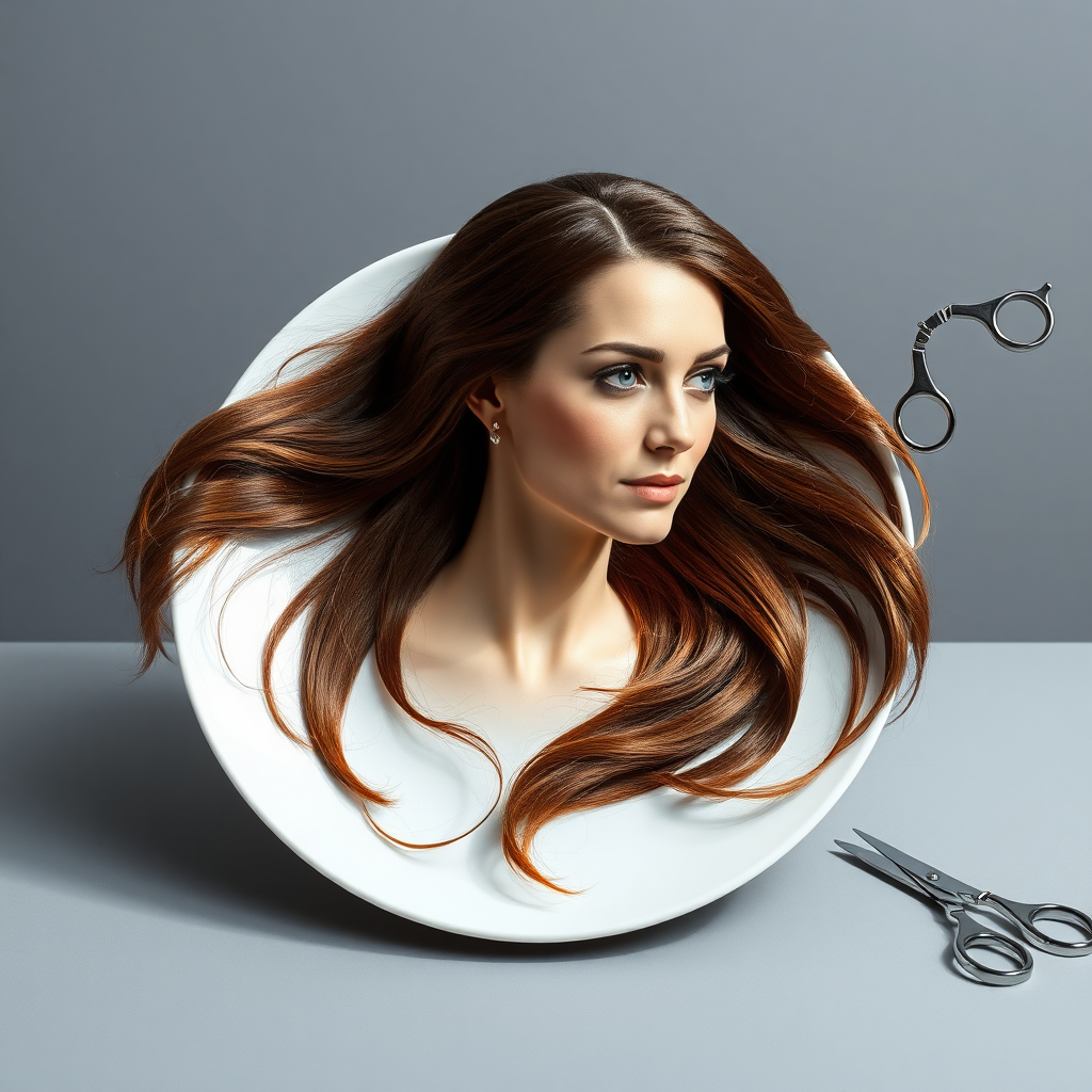 In a strikingly surreal scene, a beautifully crafted porcelain plate holds the disembodied head of a graceful Kate Middleton, her long, flowing hair cascading around like a luxurious waterfall of silky strands, shimmering in various shades of deep chestnut. Each hair seems to catch the light, creating an almost ethereal glow. Nearby, a meticulous hairdresser, dressed in a sleek black apron, carefully snips away at Kate's locks with precision scissors, their actions fluid and deliberate, emphasizing the delicate artistry of the moment.

The setting boasts minimalist decor, with a plain gray background that heightens the focus on this bizarre tableau. Soft shadows play across the smooth surface of the plate, enhancing the haunting beauty of Kate's serene expression, which conveys both elegance and an uncanny sense of stillness. The atmosphere is a blend of surreal calm and unsettling intrigue, pulling the viewer into a dreamlike space where reality and imagination intertwine. Gentle noises of scissors softly clipping away hair are the only sounds in this peculiar yet captivating scenario, heightening the tension and drawing viewers into this striking juxtaposition of beauty and the bizarre.