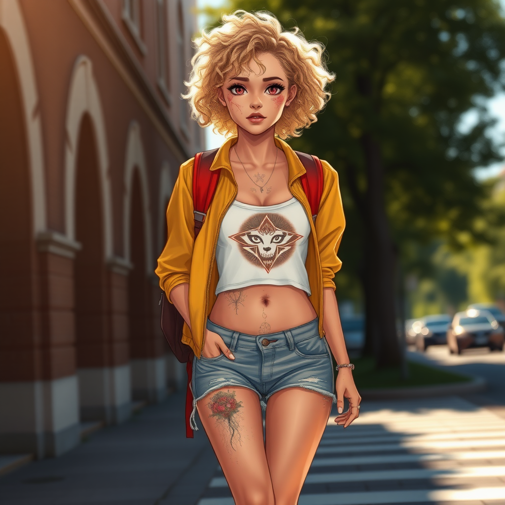 Ultra Realistic taken photo style image, Extremely good quality 8k resolution drawn manga image of a 15 year old petite and short tomboy girl with golden blonde curly hair with mixed and different colored eyes for each eye and moles on her entire body and is a white American girl. Has on a Gold Jacket over a white extremely short crop top only covering her breasts and nothing more with a design on it, and has on ripped shorts and cool looking sneakers and a deep and big wound on her stomach from a huge injury she had, with a bright color backpack, ear piercings on, walking on the street to school in the morning with the beautiful sunlight lighting up her body beautifully.