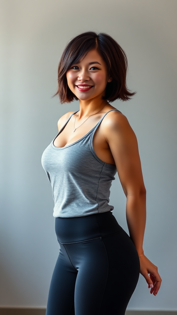 A beautiful Chinese woman, short hair, curvy figure, small chest, yoga pants, tank top.