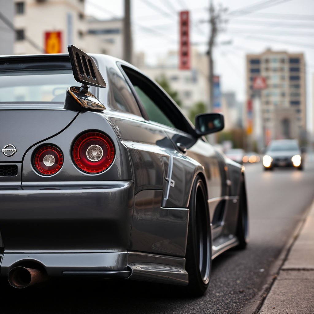 The car is parked on the side of the road, inspired by Taiyō Matsumoto, tumblr, restomod, nd4, c4 metallic shine gray black nissan skyline r34 tokyo arkaplan hatasız tam eksiksiz ayrıntılı genel gerçek detaylar en iyi fotoğraf poz