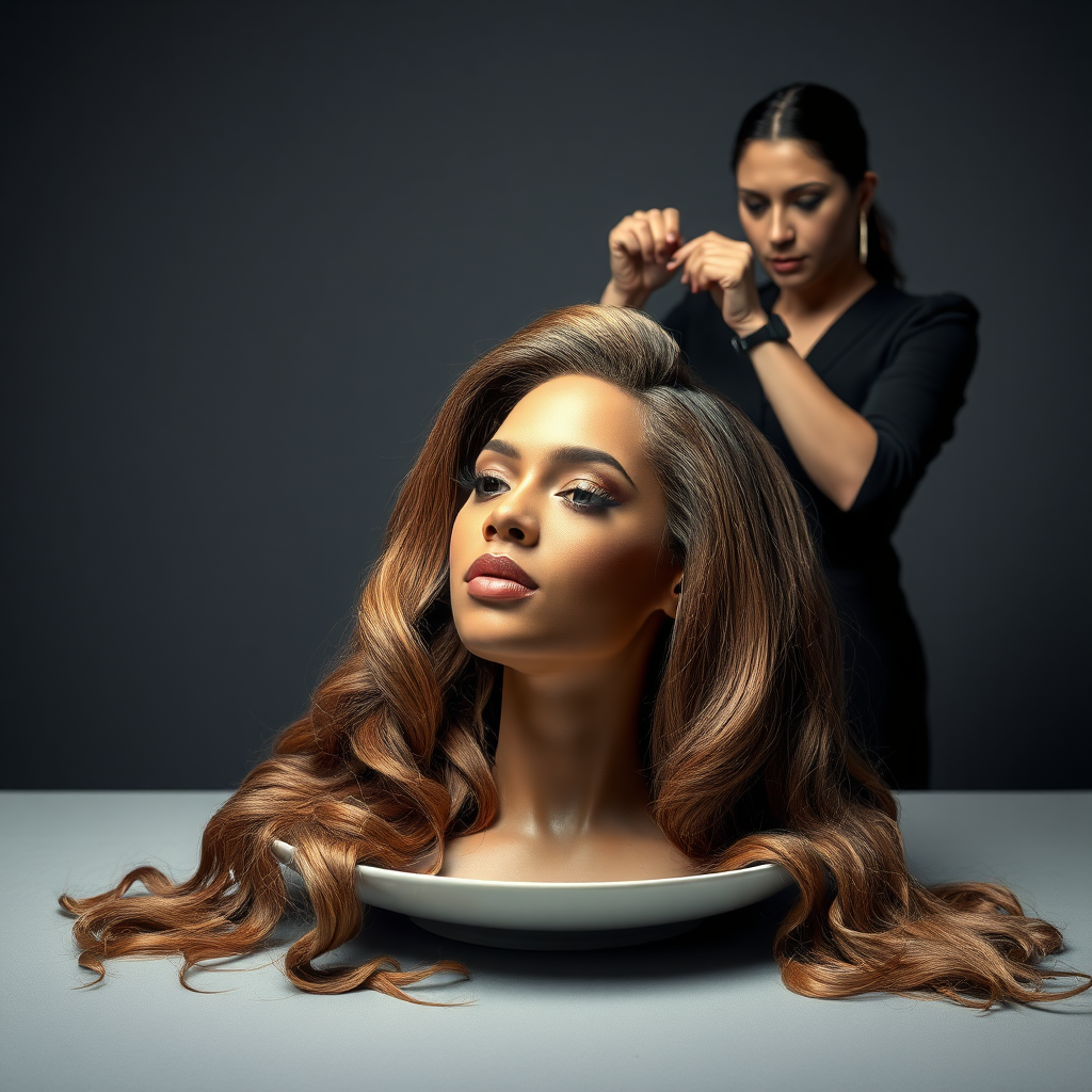 In a surreal and provocative scene, a beautifully tethered, disembodied head of Beyoncé rests gracefully on an elegant porcelain plate, her long, luxurious hair cascading like a waterfall of silky strands around the edges, creating a striking contrast against the stark, muted gray background. The sheen of her skin glows softly, exuding an air of ethereal beauty, while her chin rests delicately on the plate, poised and serene. Behind her, a skilled hairdresser, clad in chic black attire, stands with a focused expression, gently teasing and arranging her magnificent hair with nimble fingers, creating intricate patterns that defy gravity. The atmosphere is oddly intimate yet surreal, blending an appreciation of beauty with an unsettling twist, as soft light casts subtle shadows, enhancing the textures of both hair and porcelain. The air is filled with a quiet stillness, broken only by the subtle sound of the hairdresser’s scissors snipping rhythmically and the faint fragrance of hair products mingling with the cool air, heightening the unusual but captivating atmosphere of the scene.