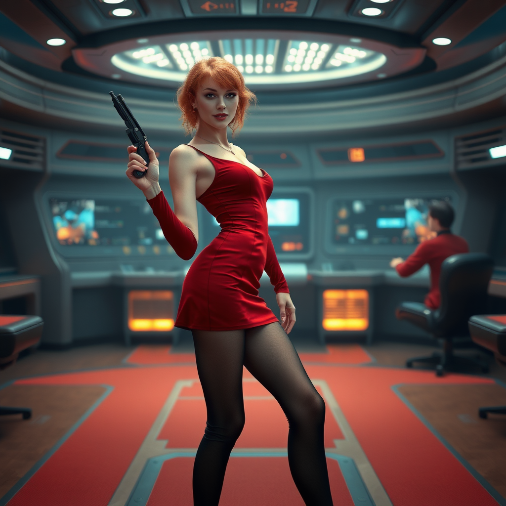 photorealistic, ultra high resolution, 16K, surreal fantasy, bright studio lighting, Tyler Swift is a pretty 24 year old male, slim male physique - no visible breast bulge, red hair, emo makeup, set on the bridge of Enterprise in Star Trek tv series, short red mini-dress, sheer black pantyhose, black stiletto calf-length boots, holding a phaser in his right hand, excited smile, facing the camera.