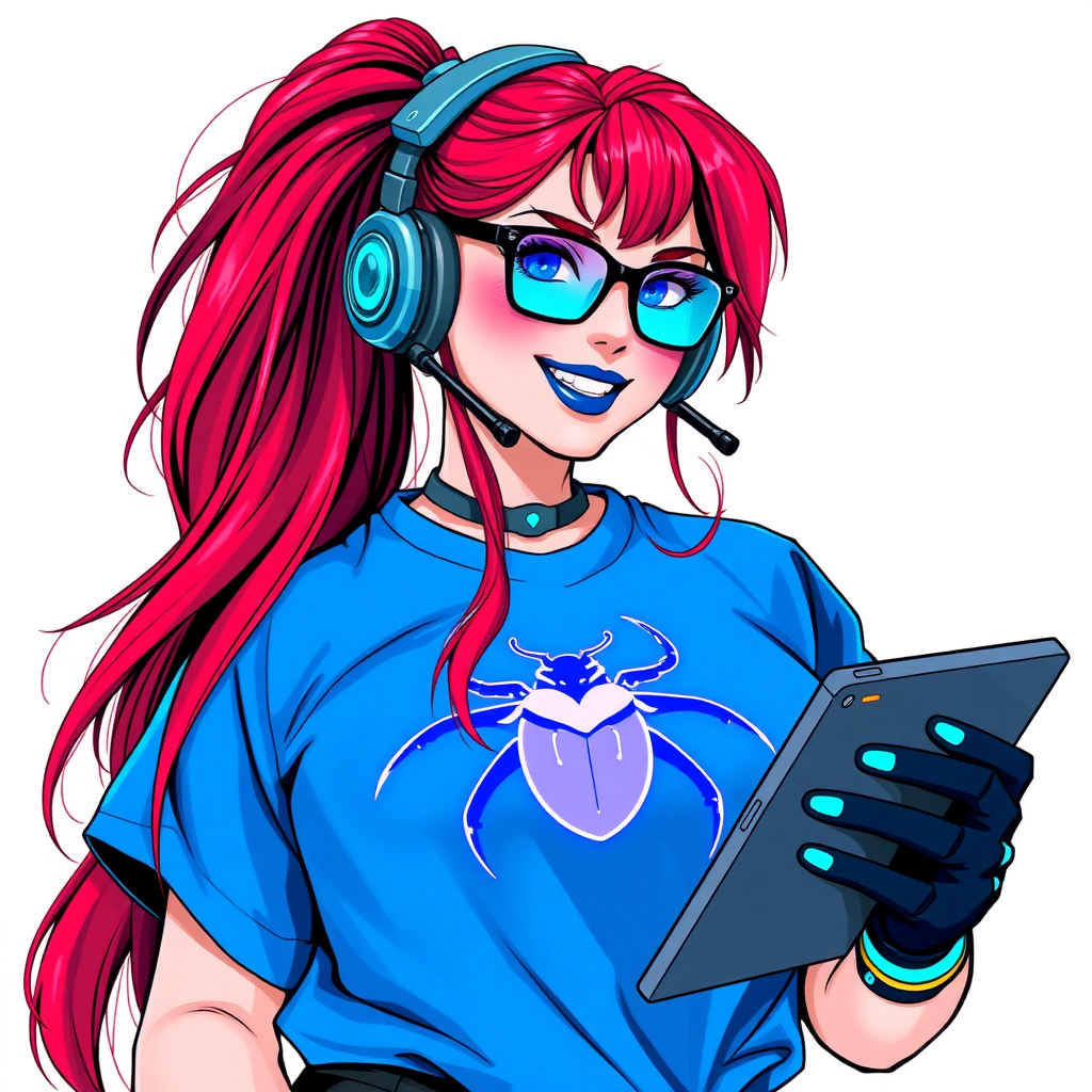 An intelligent and tech-savvy 29-year-old computer hacker and tech genius. She has a long ruby red ponytail. She wears maximum blue lipstick, blue eyes, a sapphire beetle gemstone necklace, sapphire earrings, black eyeglasses, hi-tech power gloves, and an oversized maximum blue t-shirt featuring a neon blue glowing beetle chest icon. She has a gargantuan full-figured physique with a prominent round gargantuan midsection, reflecting her well-cared-for lifestyle. She sports a sapphire headset with a hi-tech maximum turquoise lensed HUD, and a beaming smile accentuated by a passionate neon red blush. She serves as his tech expert from his hideout, holding a futuristic tool wrench and a futuristic digital tablet. The background is solid white. She is drawn as if she was in a retro 2D cyberpunk fighting game.