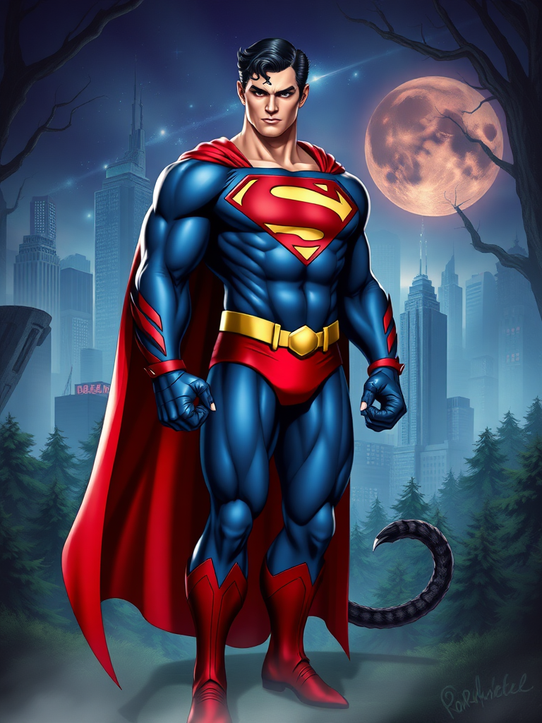 Create a full-length image of Superman with the female body traits of Felicia from Darkstalkers. Keep Superman's head and face but imbue the physique with a lithe, athletic build, muscular yet feminine, with defined curves. Retain the core Superman costume but modify it to fit the new physique, incorporating feline elements from Felicia's outfit, such as claw-like gloves, fur accents, and a tail. The background should blend Metropolis with a fantasy world, featuring skyscrapers intertwined with mystical forests, creating a harmonious setting that complements both characters.