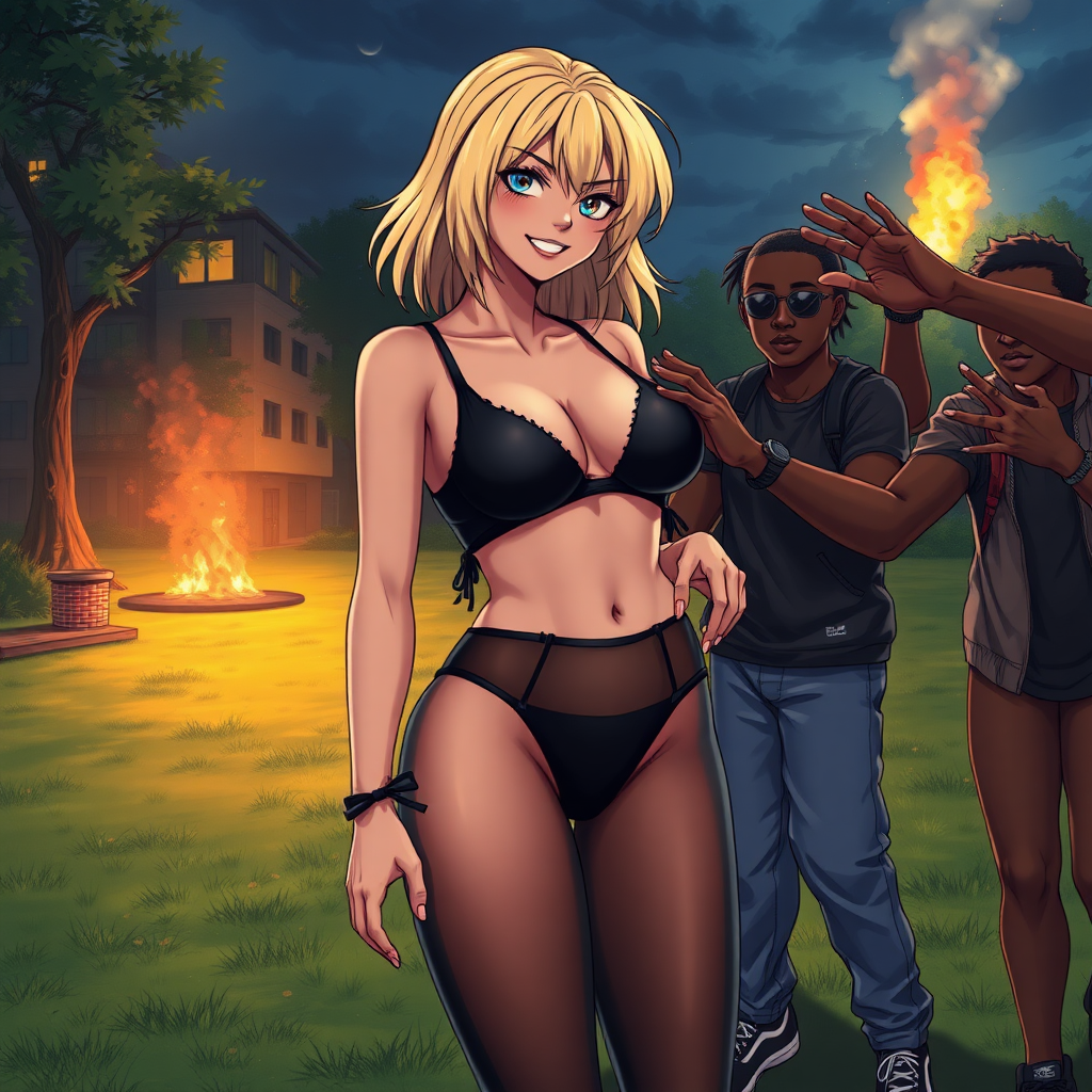 Anime art of 2 women and hands of thug black-African rioters next to her touching and grabbing her all over, medium blonde hair, wicked smile, a black, sleeveless crop top that reveals the woman's falling-down black bra and a high-waisted, wicked smile, large breasts, wearing ripped black thong underwear. She is also wearing black sheer tights and black sneakers with white laces, in a park with 1 building on fire at night in the background from riots.