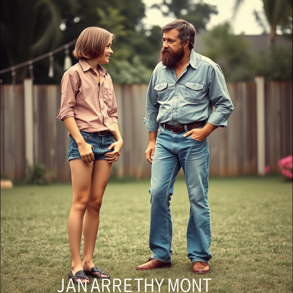 tall 14yo teen boy, long hair bob cut, wearing shirt and very tight booty shorts, long legs, narrow thighs, full-length front view. with bearded father wearing shirt, long jeans, shoes. looking at each other. 1970s. At backyard. photorealistic, ultra high resolution, 16K, Negative: grainy, blurry, bad anatomy, extra limbs, watermark.