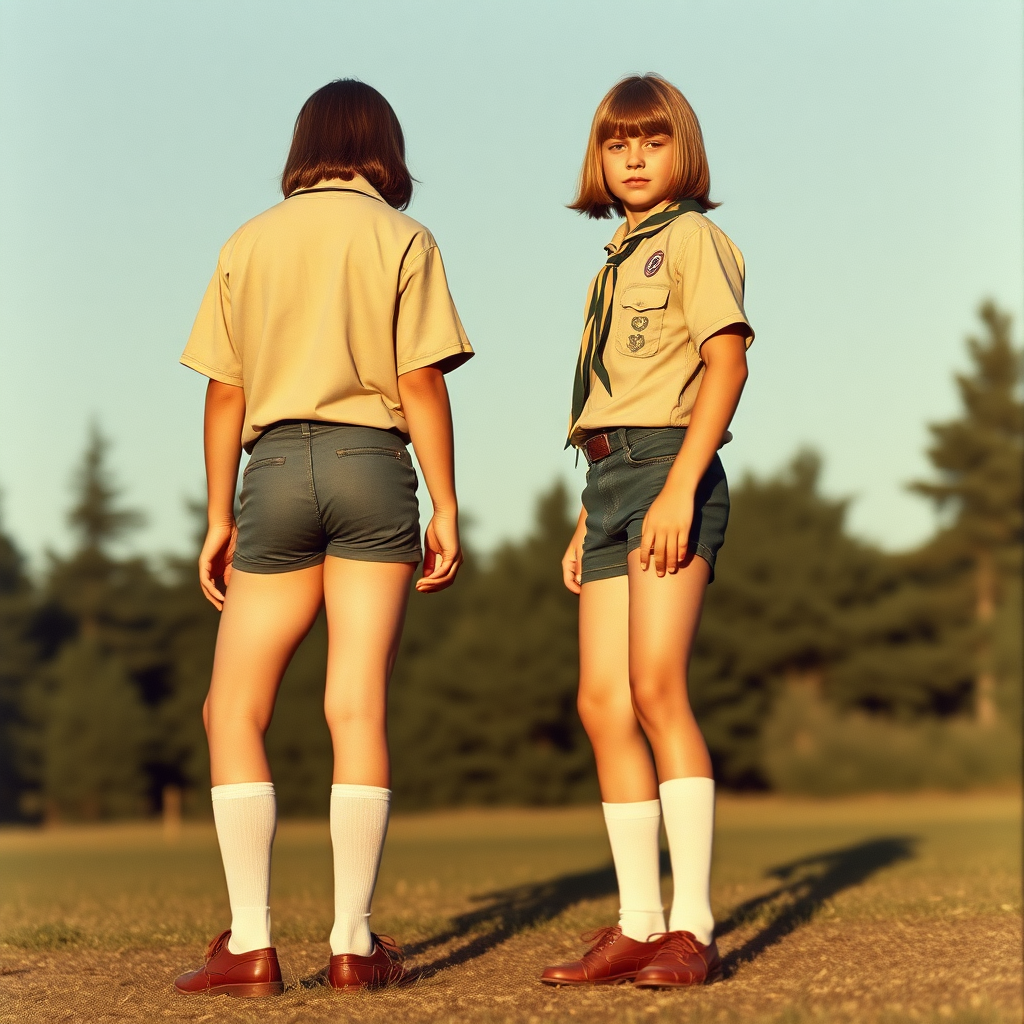 two tall 14yo teen boys, long hair bob cut, wearing American boy scout uniform with very tight booty shorts, socks, shoes, long legs, narrow thighs, full-length view. 1970s. 
photorealistic, ultra high resolution, 16K,
Negative: grainy, blurry, bad anatomy, extra limbs, watermark.