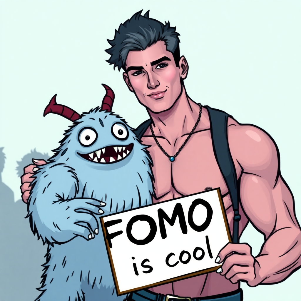 handsome white male, dark haired, muscular, v-shaped torso, friends with a FOMO monster, holding "FOMO is cool" sign