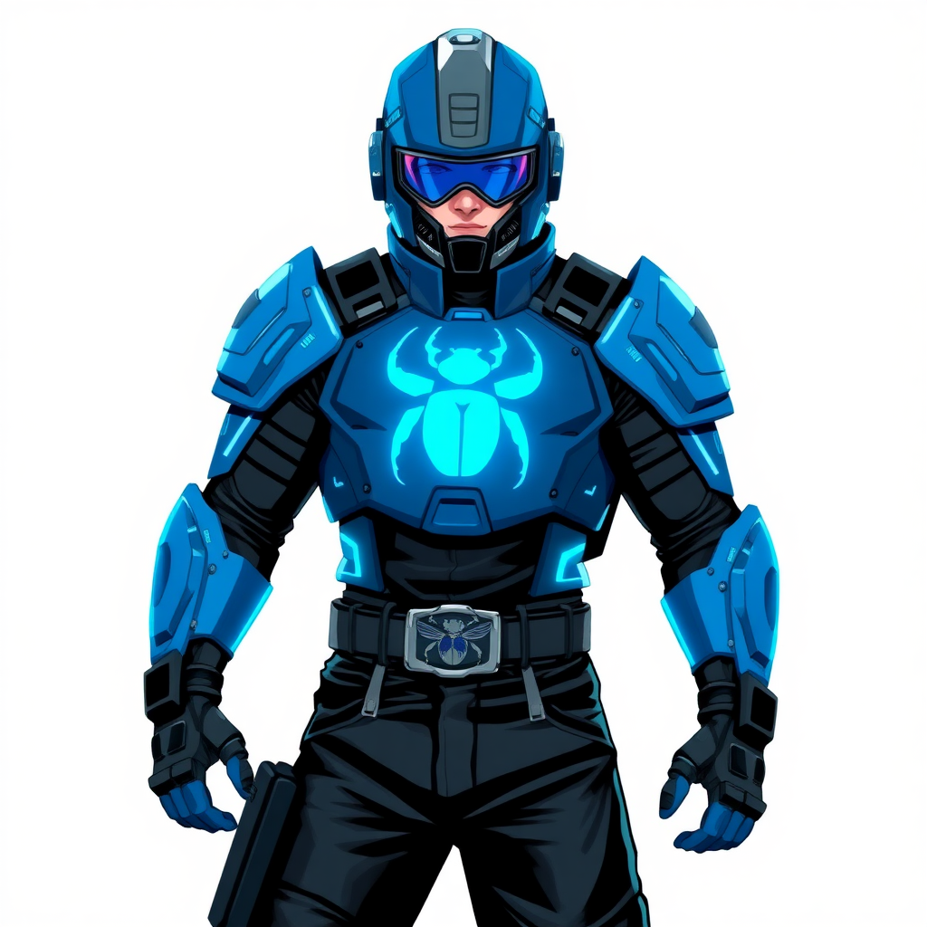 A young adult cyberpunk vigilante stands heroically, clad in high-tech, maximum blue body armor featuring a neon blue glowing beetle on the chest. They wear black biker pants, a black belt with a sapphire beetle buckle, and a helmet resembling a sleek, tactical design, but colored maximum blue with neon blue glowing lenses. Their hands are protected by black metal gloves, all set against a solid white background. He is drawn as if he was in a retro 2D cyberpunk fighting game.