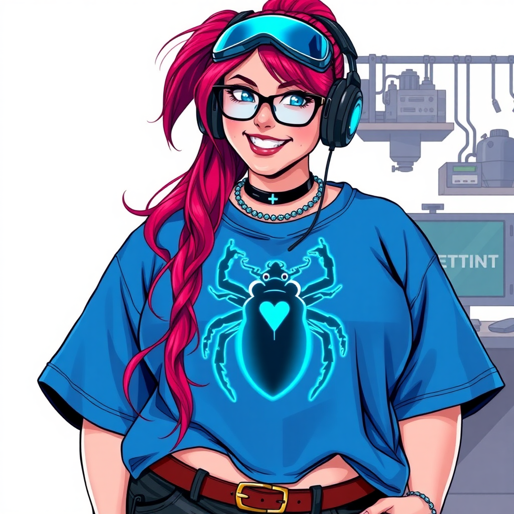 A cyberpunk vigilante’s full-figured intelligent and tech-savvy 29-year-old girlfriend, who is a computer hacker and tech genius. She has a long ruby red ponytail and bright blue eyes. She wears a sapphire beetle gemstone necklace, and an oversized maximum blue t-shirt featuring a giant neon blue glowing icon of a beetle on its chest. She has a full-figured physique with a prominently, gargantuan, well-rounded midsection, reflecting her well-cared-for lifestyle. The midsection is heavily emphasized. She sports a sapphire headset with hi-tech maximum turquoise lensed HUD visor, black eyeglasses, and a beaming smile with a passionate bright red blush. Despite her figure and a lack of self-esteem, she radiates an air of beauty. She has a slim face which contributes to her radiant beauty. She serves as his tech expert from his hideout, dutifully working at her workshop with a computer desk and tool bench. The background is solid white. She is drawn as if she was in a retro 2D cyberpunk fighting game. Ensure her shirt covers her midsection.