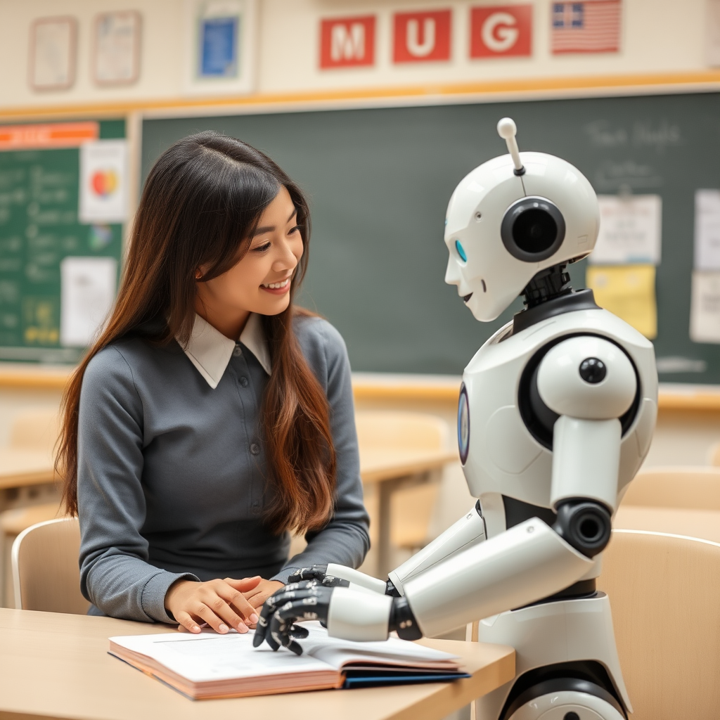 At school, a beautiful Western girl is teaching a robot to learn characters, and the robot appears a bit silly.