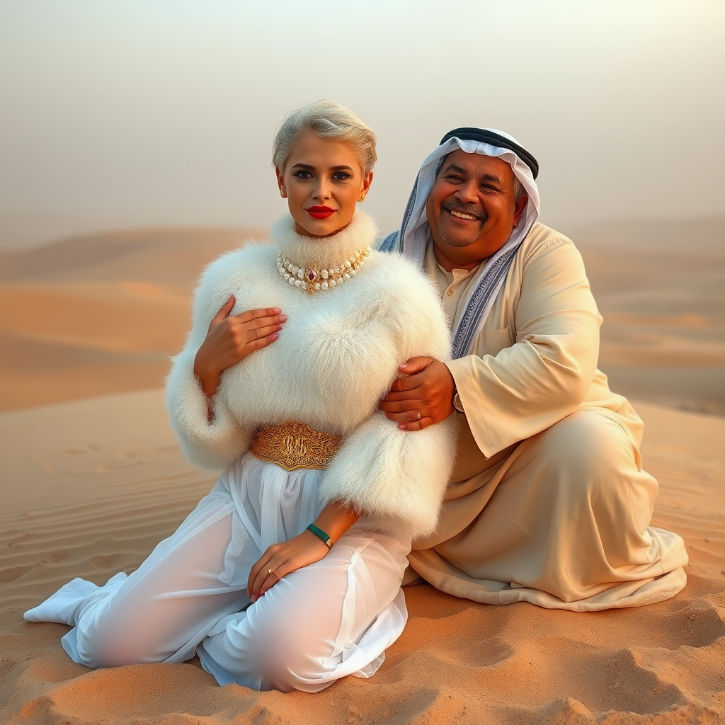 Kuwait desert dunes misty dawn: Melissa, European 17 years old very convincing femboy “trophy-bimbo”, tamed servile docile, very beautiful feminine flawless face, rather short boyish figure, platinum blond short tight curls, bold red lips, heavily made-up face, wearing Supertanya-style fluffy very fuzzy bright white angora turtleneck-poncho cropped ending under bust decorated with pearls and gemstones, striking oriental wide gold bridal protection belt, white fully transparent harem pants, full Oriental bridal jewelry with striking headpiece, full Oriental face-jewelry, striking diamond “$$$” letter brooch on left chest, pout frustrated, hands tied behind back, kneeling in sand, looking at camera. Focus on face and turtleneck-poncho. Sitting next embracing Melissa: older overweight mighty sheik laughing.