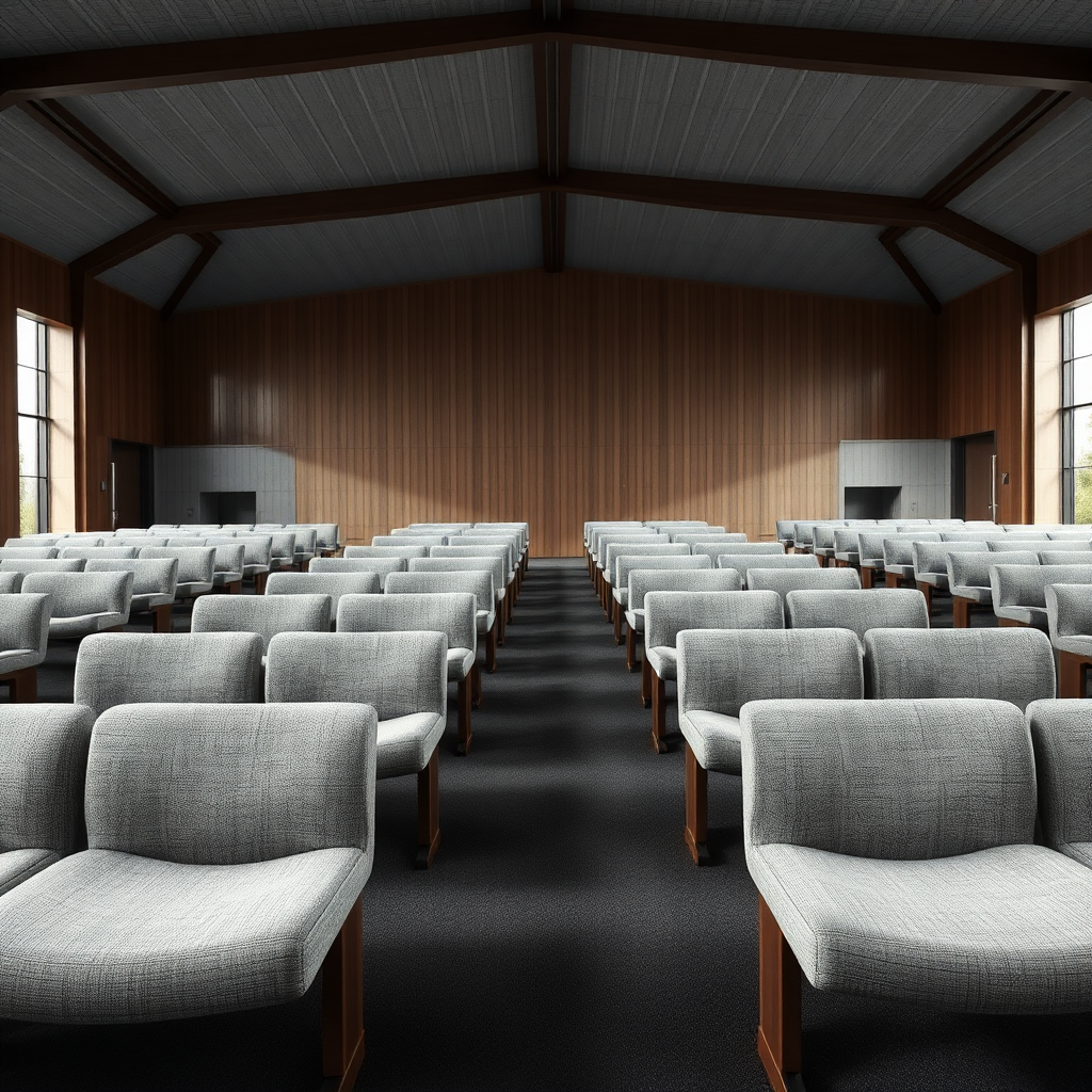 Give me grey fabric benches with a dark wooden frame that are inside a big modern church. The carpet of this church is dark grey.