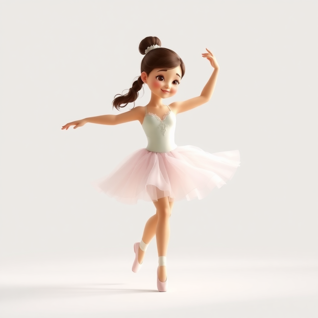 Create an animation of a young ballerina, inspired by the provided image. The ballerina should perform a graceful ballet routine, showcasing elegant movements like spins, twirls, and arabesques. Her soft pastel tutu should flow gently as she dances, with light reflecting off the fabric, creating a delicate, ethereal atmosphere. The background should remain minimal, keeping the focus on the dancer's expressive motion, mimicking the serene and calm nature of a classical ballet performance.