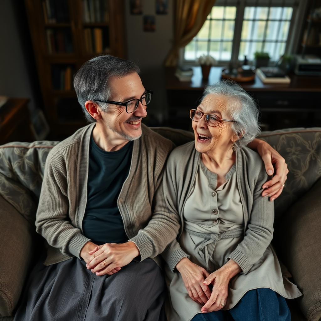 In a scene viewed from an angle and slightly above: In an old-fashioned English living room, a very frail, small and thin, very old and elderly English lady with a kind smile, short, thinning white curly hair, wrinkled face, neck and skin, wearing thin framed glasses, an old cardigan, blouse and long skirt is sitting on a sofa with an English man about 40 years old, grey stubble on his chin, brown hair, sitting close next to her on the same sofa, wearing a black T-shirt and dark blue jeans. The man and woman are smiling at each other. The woman is looking at the man's eyes and smiling. The man is looking at the woman's eyes and smiling.