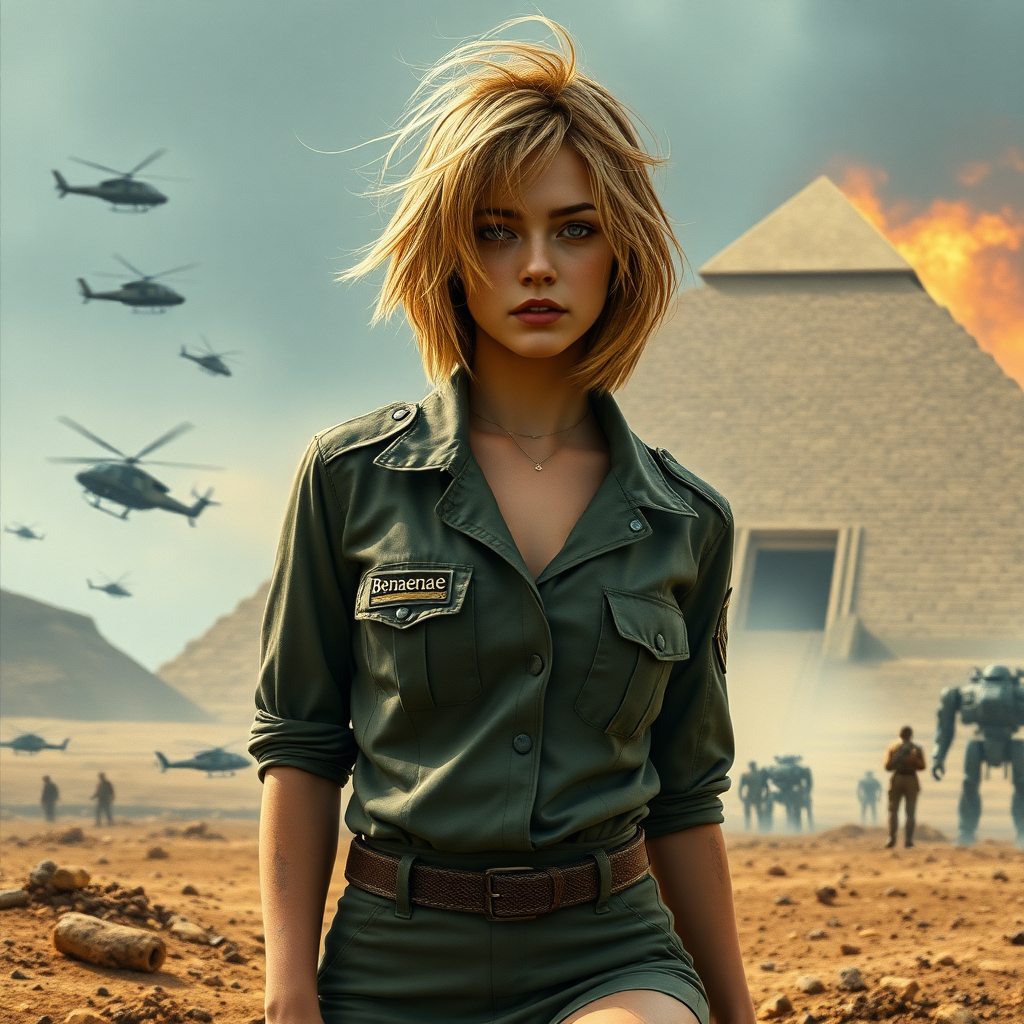 A full body shot of a pretty twenty-something female with a face resembling (Ana de Armas). Strawberry blonde messy shoulder length hair tussled by wind. Military outfit, "Benaenae" badge on the breast pocket, long legs, hiding in a battlefield outside fortified pyramid bunker, helicopters, anti-aircraft, giant robots, hyper-realistic, photorealistic digital matte painting, soft focus, film grain, lens flare. Gritty, dirty, scuffed.