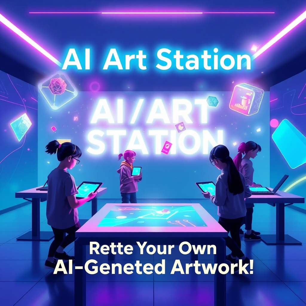 Design a vibrant and futuristic poster for an event called 'AI Art Station,' featuring a dynamic setup with students interacting with tablets or laptops, generating their own AI-created artwork. The poster should convey a sense of creativity and excitement, with AI-generated art pieces floating around the students as if coming to life. Include glowing, colorful digital art elements, geometric shapes, and abstract patterns in the background to emphasize the technological aspect. The setting should feel both modern and approachable, with a sleek, minimalist layout for the equipment (tablets/laptops) and students. The title 'AI Art Station' should be prominently displayed in a futuristic, glowing font at the top, with a subtle light effect. The tagline 'Create Your Own AI-Generated Artwork!' should be placed below, in a friendly and bold font, inviting students to participate. Use colors like neon blues, purples, and soft pinks to give it a high-tech, imaginative feel.