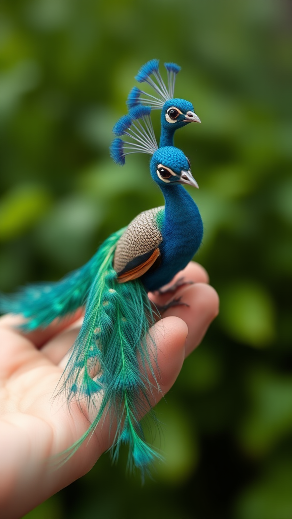 A small tiny cute big eyes big tail real blue dancing peacock on hand