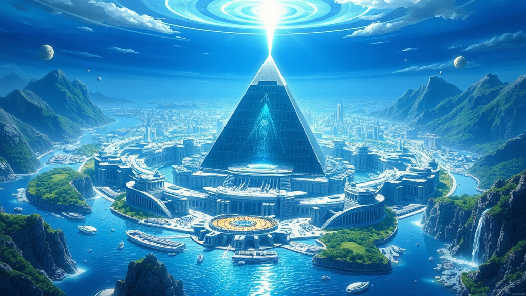 This anime art of Greater Atlantis is a stunning vision of futuristic elegance and mythical grandeur:

The cityscape is vast and intricate, with towering Greek-styled structures that showcase advanced technology. These buildings are crafted from blue marble, each uniquely shaped with flowing, ornate designs that blend classical aesthetics with futuristic elements.

At the heart of the city stands a colossal pure-quartz pyramid, its crystalline surface shimmering with an inner light. Atop the pyramid is a radiant crystal, casting a brilliant blue beacon that pierces the sky and serves as a focal point for the city's energy and power.

Surrounding the city is a magnificent ringed structure, which encircles the entire metropolis, providing both protection and a majestic boundary. The waters around the city are dotted with advanced technological artifacts, including white, floating, and hovering objects that glimmer as they drift over the surface.

The landscape features lush tropical lands, their vibrant greenery contrasting with the sleek, high-tech city. Nearby mountains are adorned with cascading waterfalls that flow gracefully into the expansive waters, enhancing the city’s serene yet powerful aura.

The sky above is a deep, rich blue, illuminated by the piercing blue beacon and various other lights that reflect off the crystalline surfaces. The overall scene combines elements of ancient grandeur and cutting-edge technology, creating a breathtaking depiction of Greater Atlantis that is both enchanting and awe-inspiring.