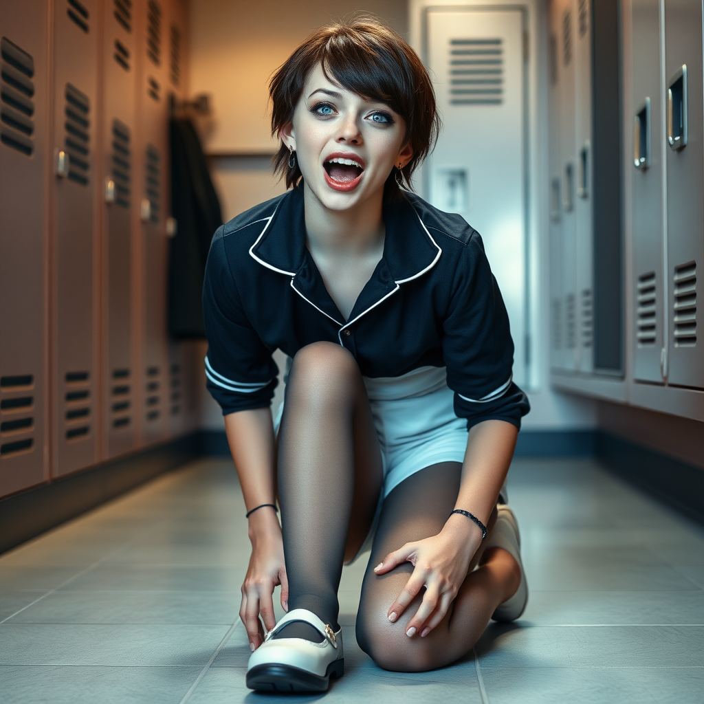 photorealistic, ultra high resolution, 16K, surreal fantasy, soft studio lighting, Tyler Swift is a pretty 17 year old goth male, slim male physique, short dark hair, blue eyes, goth makeup, earrings, sheer grey pantyhose, UK girls-school uniform, Mary-Jane shoes, kneeling on the floor of the locker room looking up at the camera, excited open mouth smile, drooling saliva, facing the camera.