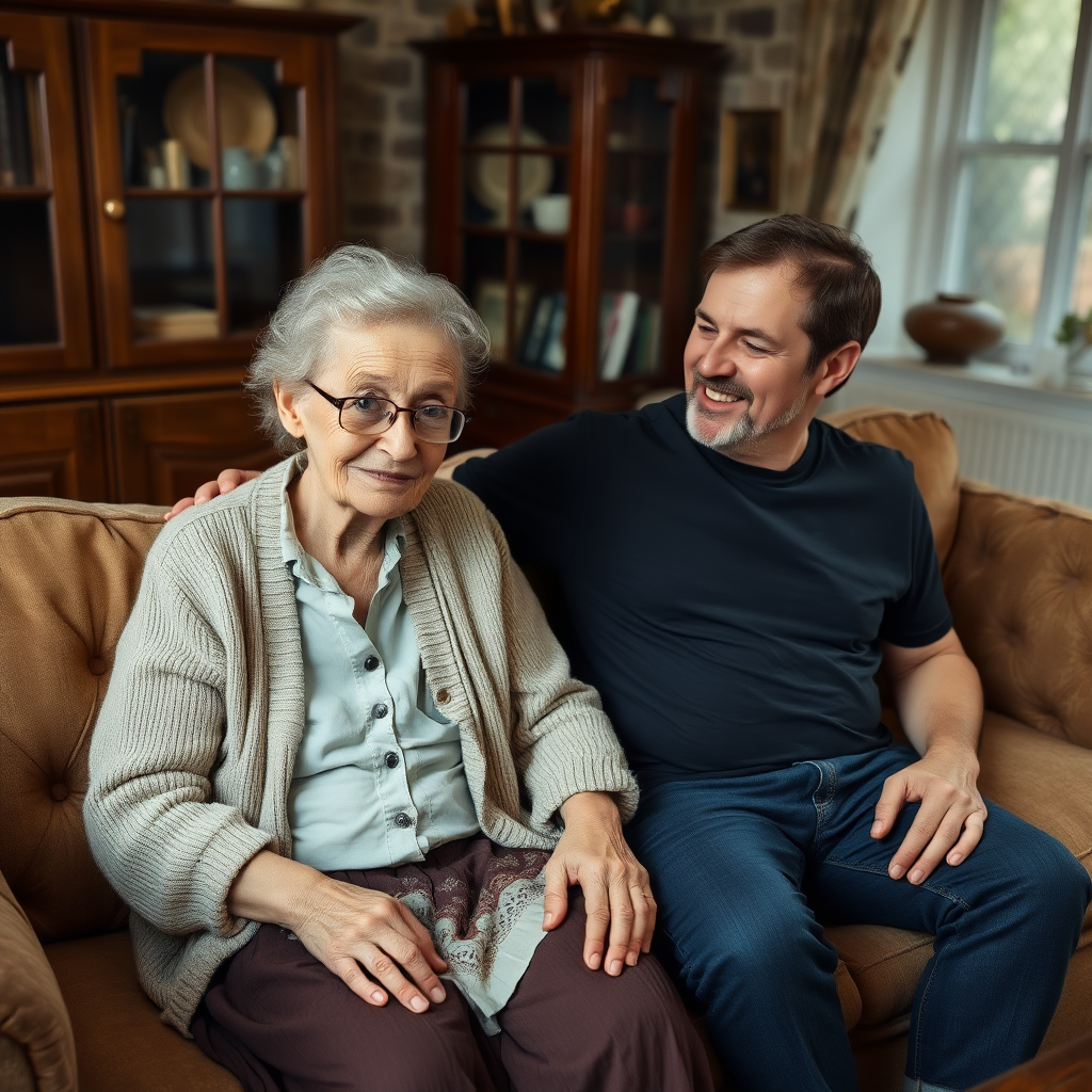 In a scene viewed from an angle and slightly above: In an old-fashioned English living room, a very frail and thin, very elderly English lady with a kind smile, short, thinning white curly hair, wrinkled face, neck and skin, wearing thin framed glasses, an old cardigan, blouse and long skirt is sitting on a sofa with an English man about 40 years old, grey stubble on his chin, brown hair, sitting close next to her on the same sofa, wearing a black T-shirt and dark blue jeans. The man and woman are smiling at each other.