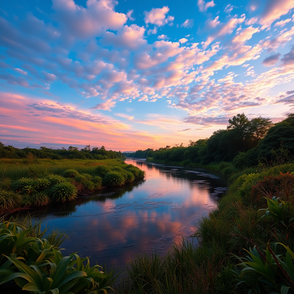 A serene riverside landscape during twilight, featuring a gently flowing river reflecting the vibrant colors of the sky. The setting includes lush green vegetation along the banks, with a diverse array of plants framing the scene. The sky bursts with hues of deep blue and soft pastels as the sun sets, casting warm light on scattered clouds. Create a hyperrealistic aesthetic that captures the shimmering water's surface and intricate details of the foliage, showcasing a peaceful natural environment with clear reflections and tranquil ambiance.