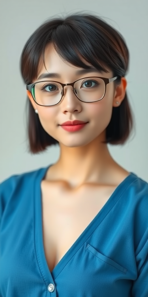 A beautiful Chinese girl, short hair, wearing glasses, slightly chubby, full figure, small chest, blue clothes.