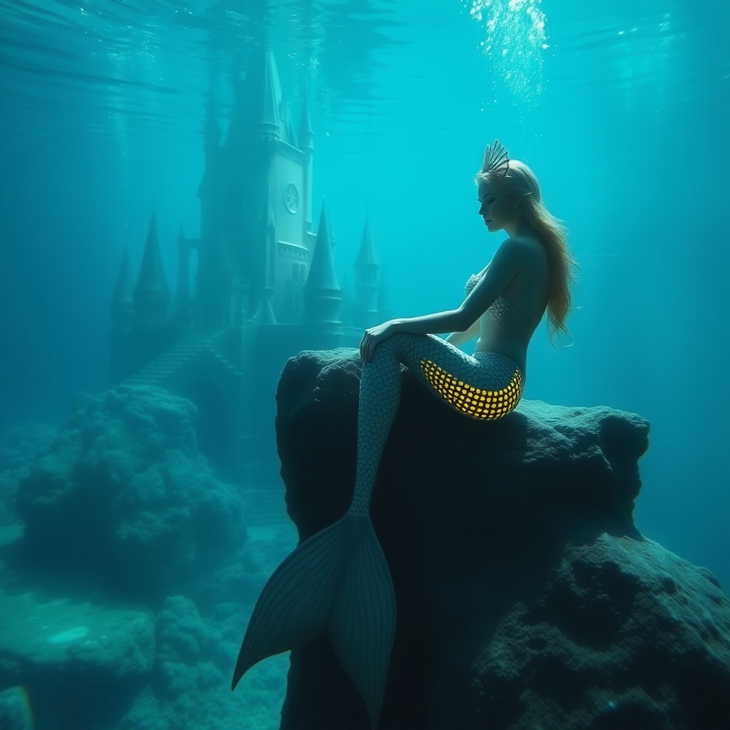 A photograph of a mermaid, underwater and sitting on a rock. A castle is in the background. The mermaid's skin is glowing.