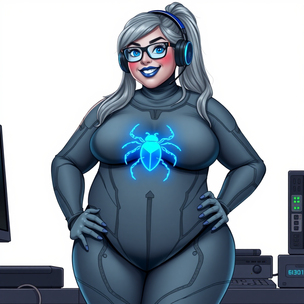 A nerdy, full-figured middle gray-skinned 29-year-old computer program hybrid with a long, middle gray ponytail. She wears maximum blue lipstick and has bright blue eyes. Her outfit includes a digital, computerized, middle gray bodysuit (accentuating her gargantuan midsection) featuring a neon blue glowing beetle chest icon. She sports a sapphire headset and black eyeglasses, with a beaming smile and neon red blush. Her full figure reflects the doting care of her vigilante boyfriend. As his tech expert, she works diligently at her lab table and computer desk in their hideout. She uses her power to hack into computers and machines to serve as his minicomputer. The background is solid white. She has a prominent, round, gargantuan midsection. Her proportions (especially her midsection) are bloated, expanded, and broadened to emphasize her physique. Her middle gray metallic skin highlights her digital nature. She is drawn as if she was in a retro 2D cyberpunk fighting game.