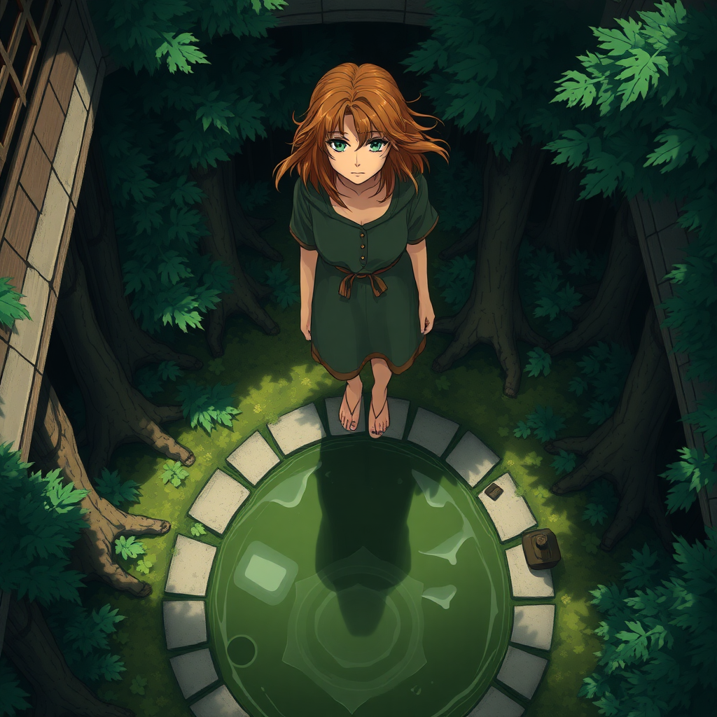 A full body shot from above, of a pretty twenty-something female with a face resembling (Ana de Armas), standing above a reflection of herself in a small pool of water in a dense forest. Messy shoulder length hair tussled by wind. Inside a courtyard. Anime style, like (Record of Lodoss War).