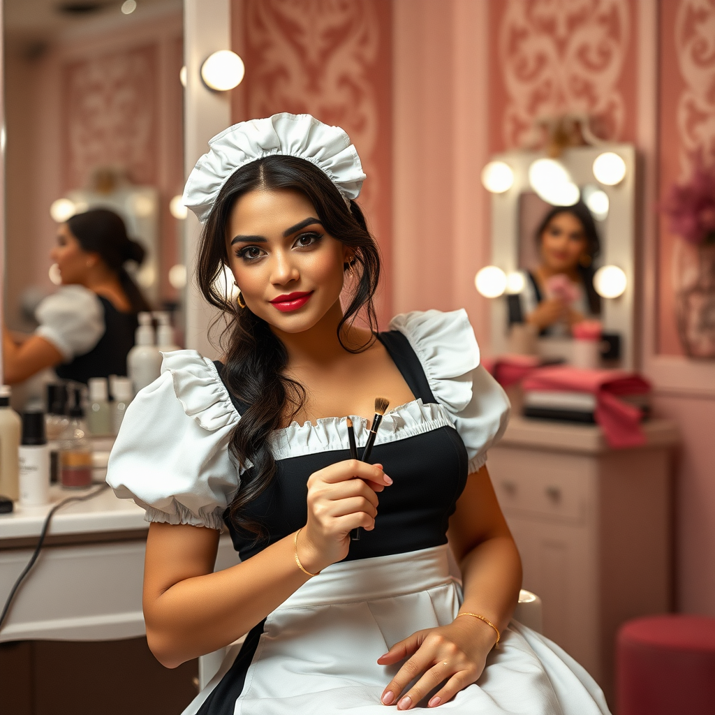 female french maid working in beauty parlour, holding a pennis