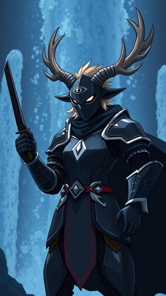 (Anime-pixel art) background of a massive blue-black-dark fountain erupting into the air, a fierce and violent knight stands poised for battle. She wears sleek, black knight armor, marked by a small perfect white eye symbol at its center, exuding an air of intimidation. Her face is obscured by a terrifying goat-like mask, with a single glowing white eye on the right, and another white eye symbol perched at the top of the mask, adding to her menacing presence. The knight's imposing silhouette is accentuated by two large, dark-silver shoulder guards that gleam ominously in the darkness. Draped behind her is a flowing dark-blue cape that billows dramatically, hinting at her formidable power. Atop her head, two impressive deer antlers rise, further enhancing her fearsome appearance, while her short, tousled blonde hair peeks out from beneath the mask, in her the left-hand of her palms she wields a black-dark knife with white-aura.

This is the Roaring Knight, known as Mayor Holiday from Deltarune, captured in a striking full-body view that highlights both her ferocity and enigmatic allure.