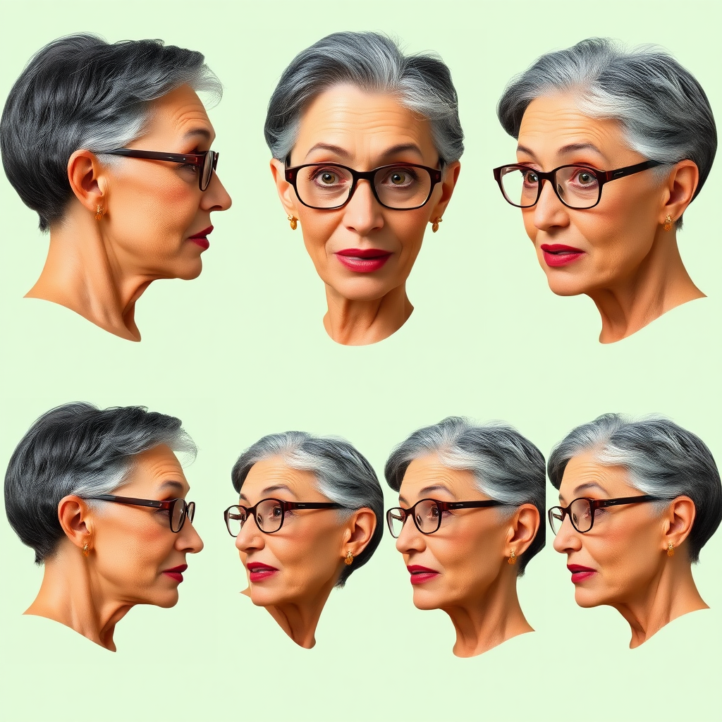 Photorealistic image of six headshots of a 50 Years old, fit, European, Latina, sharp aquiline nose, wrinkles, high cheekbones, Middle Eastern, Skinny, Tanned skin, Dark light skin, full Makeup, jewelry, Sharp nose, exaggerated expression, surprised, astonished, delighted, dark grey Ash hair, short bowl haircut, Brown eye color, Glasses, with detailed features. Each photo displays the same face in back, profile and front view, cut out and isolated on a green background. All six heads are visible side by side, empty space around each view, no overlapping.