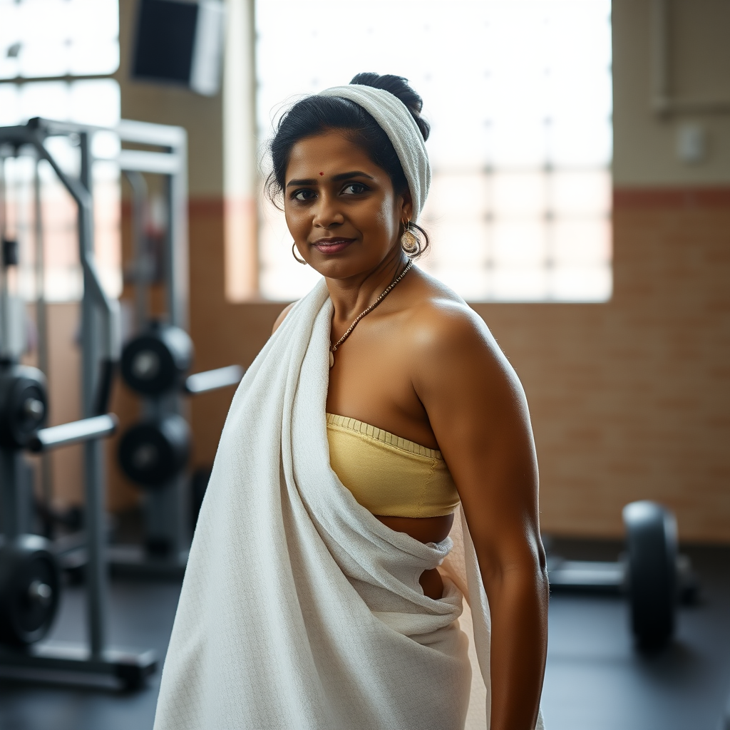 South Indian housewife, wrapped in towel, standing in gym