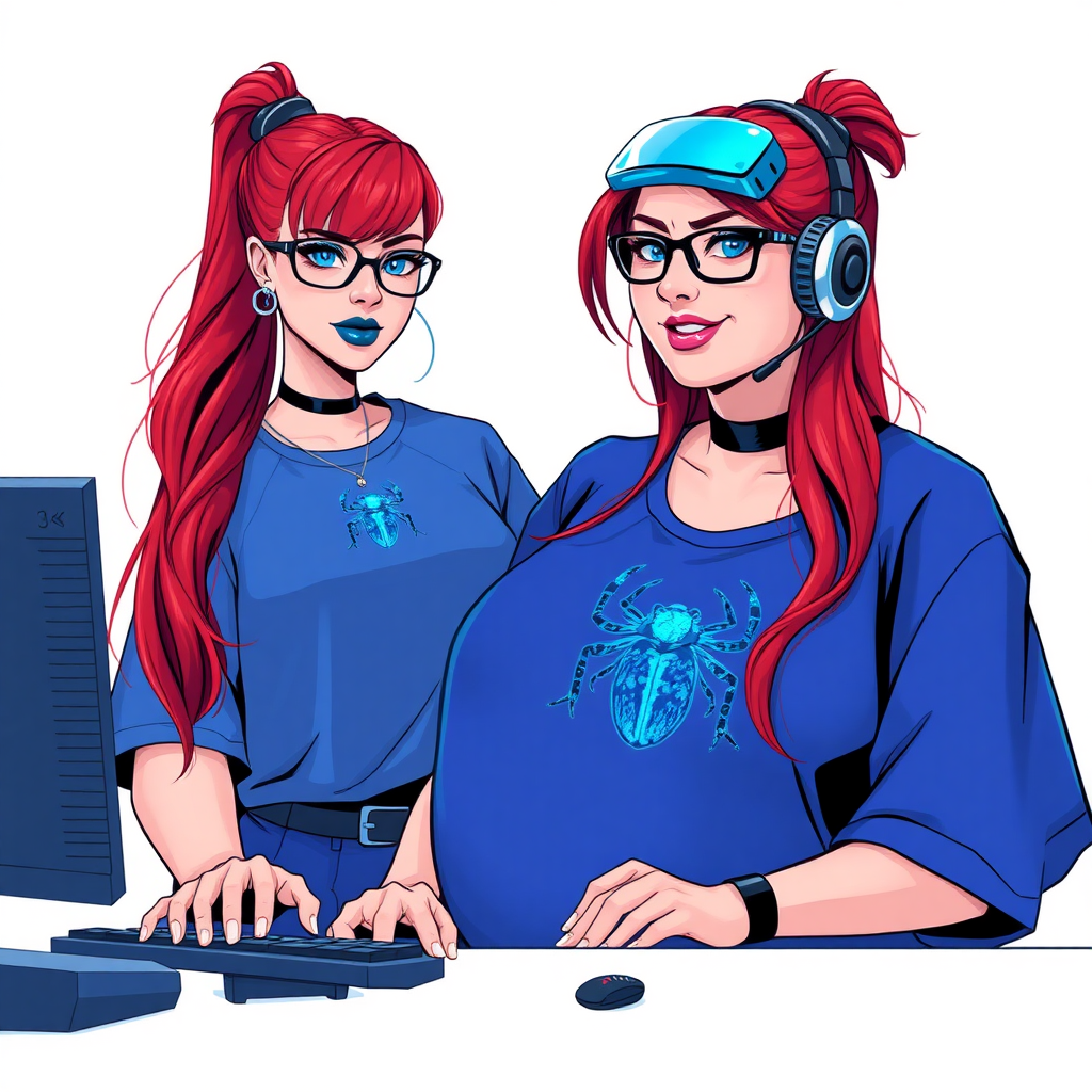 A cyberpunk vigilante’s full-figured intelligent and tech-savvy 29-year-old girlfriend, who is a computer hacker and tech genius. She has a long ruby red ponytail. She wears maximum blue lipstick, bright blue eyes, a sapphire beetle gemstone necklace, sapphire earrings, black eyeglasses, and an oversized maximum blue t-shirt featuring a blue sapphire gemstone crusted beetle chest icon. She has a full-figured physique with a prominent, massive, round belly, reflecting her well-cared-for lifestyle. She sports a sapphire headset with a hi-tech maximum turquoise lensed HUD, and a shy smile with a neon red blush. She serves as his tech expert from his hideout, diligently working at her lab table computer desk. The background is solid white. She is drawn as if she was in a retro 2D cyberpunk fighting game. Ensure her t-shirt covers her belly.