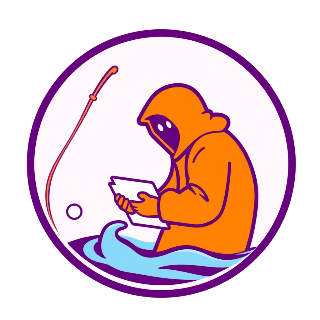 Purple orange white Logo representing phishing thieves with a hook and fishing line and fish and mail and water.