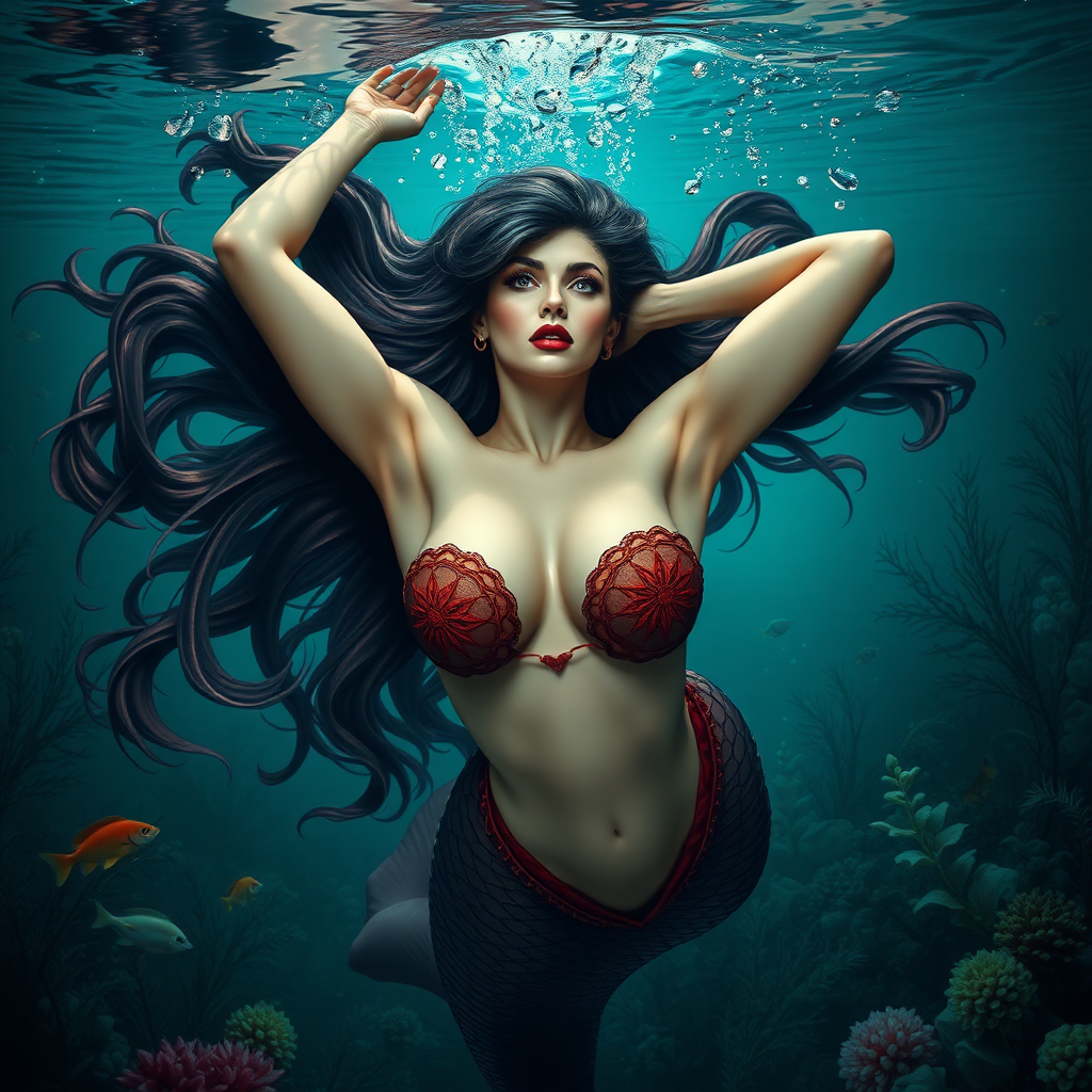 Vampirella as a mermaid underwater amazing loose flowing hair floating in a nimbus around her beautiful face her arms outstretched languidly over her head. she's looking down into the viewer's eyes making intense eye contact. loose fitting diaphanous. Burlesque. Stunning undersea life details plants and fish and other creatures of the sea. Powerful three dimensional graphic effects. Amazing HD DSLR photographic output.