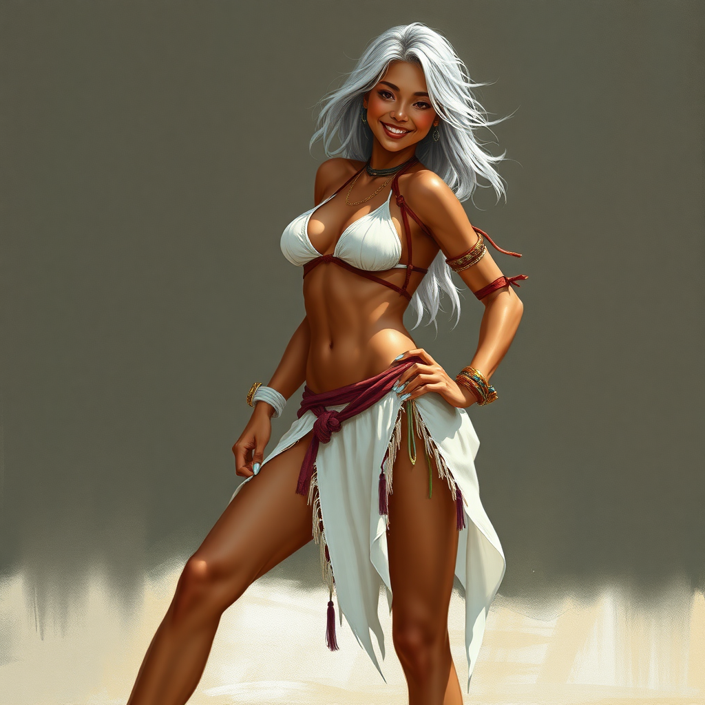 Uncommonly tall for a woman; being 6' (183cm) tall. She has brown skin and short flowing silvery hair. She is barefoot and has long, powerful legs. She has abs and is muscular. Her fingers and toenails are painted sky-blue. Her attire consists of a white primitive scant revealing two-piece bikini-like outfit with pale red, sky-blue, gold and purple bands on her neck, arms, wrists, shins, and ankles. fantasy painting high contrast, asian face. well-drawn, highly detailed, and beautiful rendering. Hands holding hips, joyful smile, tilted sexy pose.