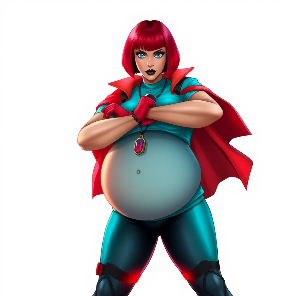 A 26-year-old, full-figured, magical girl vigilante detective becomes the heavily pampered mystical ally of her cyberpunk vigilante older brother figure. She has a bright red bob cut, black lipstick, and piercing bright blue eyes. She has a new non-athletic build, now highlighted by a prominent, round, gargantuan midsection (fully focused on her gargantuan belly), which shows the aftermath of her new pampered lifestyle. Despite her pampered physique, she shows full confidence. She wears a magical girl detective costume consisting of a gargantuan, magical, tight-fitting, maximum turquoise t-shirt (accentuating and emphasizing her gargantuan belly), maximum turquoise biker pants, complemented by a glowing neon red cape, a mystical ruby amulet (which is the source of her mystical powers), and magical red gloves glowing neon red. Her magical girl detective costume covers all her skin and emphasizes her full-figured physique (especially her gargantuan belly). Her stance is firm and resolute, arms crossed, exuding a no-nonsense attitude. Her costume reflects the influence of DC New 52 Prime Earth’s Phantom Lady, Jennifer Knight, while her pose embodies the moral ambiguity and determination reminiscent of DC’s Pax Americana’s The Question. She is on a solid white background. She is drawn as if she was in a retro 2D cyberpunk fighting game. She is clearly non-athletic, with a focus on her full-figured physique (especially her gargantuan belly). Make sure that her t-shirt covers all of her bare skin (especially her gargantuan belly).