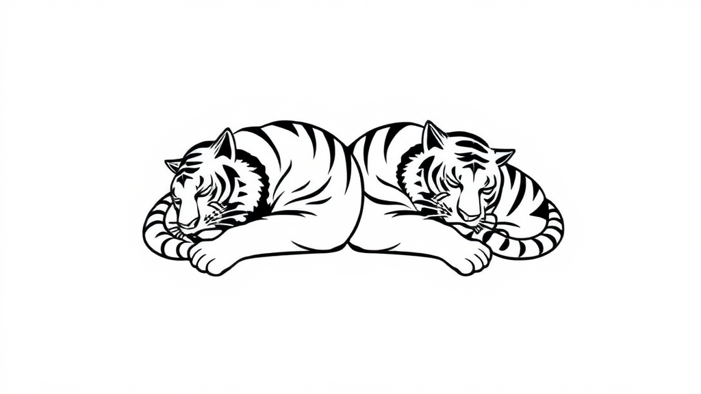 Create a minimalist, monochromatic design of two sleeping tigers in the style of Sak Yant tattoo art.