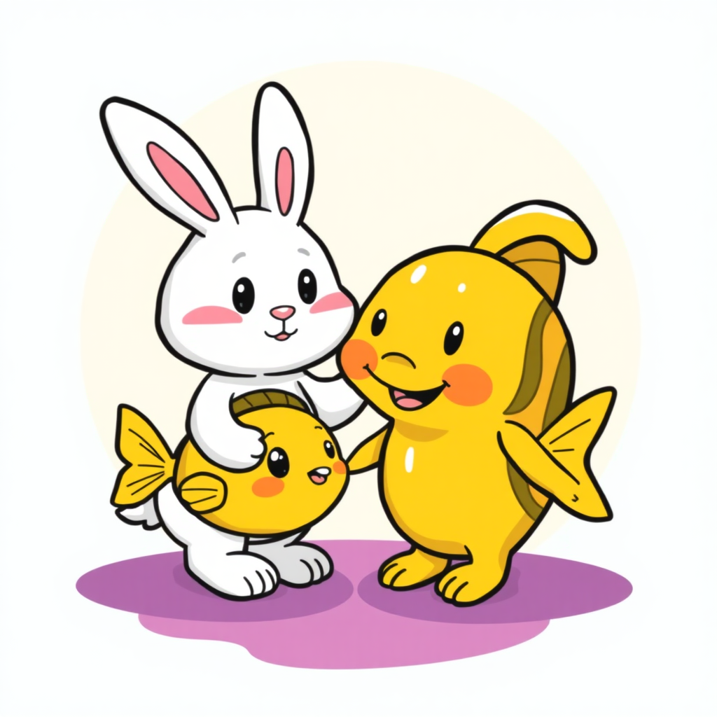 Draw a cartoon image of a bunny and a fish that are friends