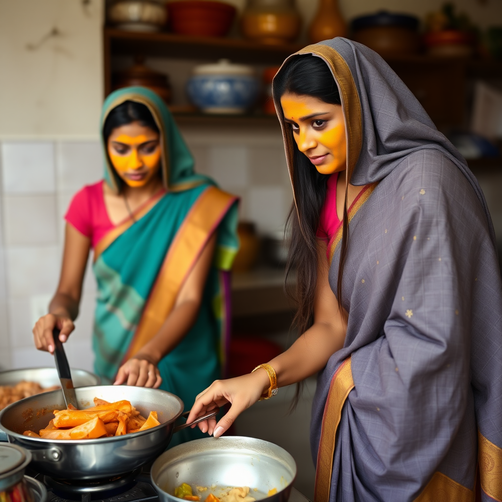 2 slim, 30-year-old Indian maids with long hair coverings. Saree pallu tucked to waist. They are cooking food in the kitchen. Their face is covered with a turmeric face mask.