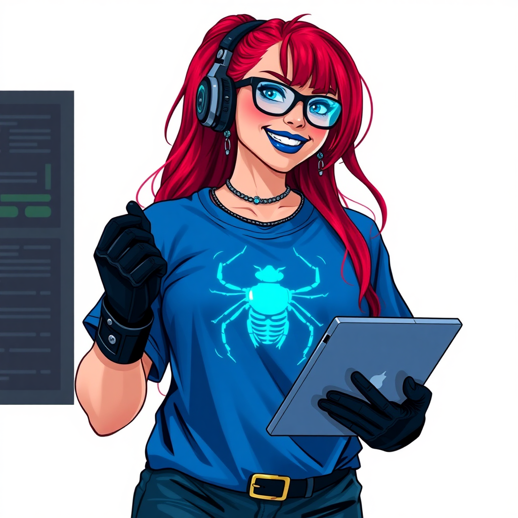 A cyberpunk vigilante’s intelligent and tech-savvy 29-year-old girlfriend, who is a computer hacker and tech genius. She has a long ruby red ponytail. She wears maximum blue lipstick, blue eyes, a sapphire beetle gemstone necklace, sapphire earrings, black eyeglasses, hi-tech power gloves, and an oversized maximum blue t-shirt featuring a neon blue glowing beetle chest icon. She has a full-figured, well-rounded physique with a gargantuan midsection, reflecting her well-cared-for lifestyle. She sports a sapphire headset with a hi-tech maximum turquoise lensed HUD, and a beaming smile accentuated by a passionate neon red blush. She serves as his tech expert from his hideout, holding a futuristic tool wrench and a futuristic digital tablet. The background is solid white. She is drawn as if she was in a retro 2D cyberpunk fighting game.