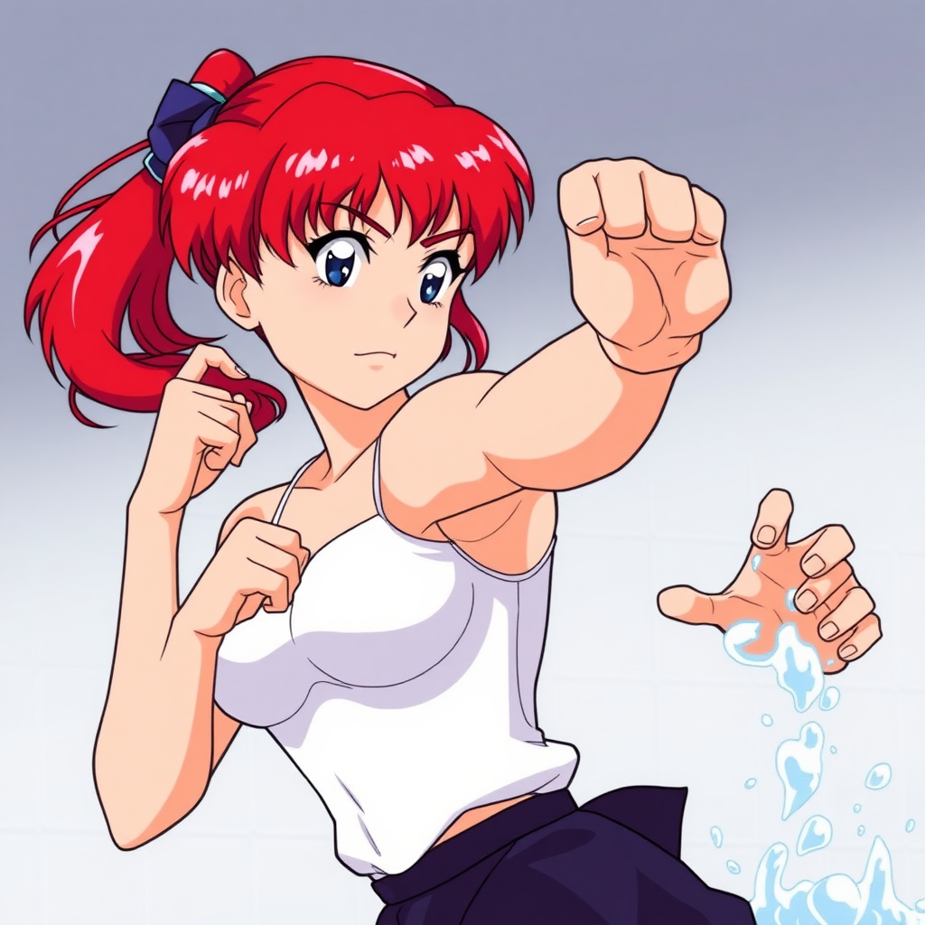 Ranma Saotome from the series Ranma 1/2 is a red-haired girl with a ponytail, blue eyes, and a toned girl’s body. The art style is that of Rumiko Takahashi.

Ranma is currently seen in a fighting pose as she avoids hot water.