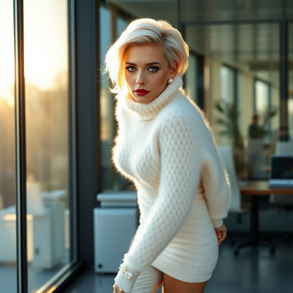 Sunny spring morning, modern glass-steel-concrete office: Ana, European 17 years old very convincing femboy “trophy-bimbo”, tamed servile docile, very beautiful feminine flawless face, rather short boyish figure, platinum blond short tight curls, bold red lips, heavily made-up face, wearing Supertanya-style chunky fluffy very fuzzy bright white plushy mohair figure-hugging turtleneck-knitdress with white pearl decoration, white vinyl thigh-high boots with golden heels, pearl earrings, serious, hands tied behind back, leaning forward presenting her assets, arrogantly looking at camera.