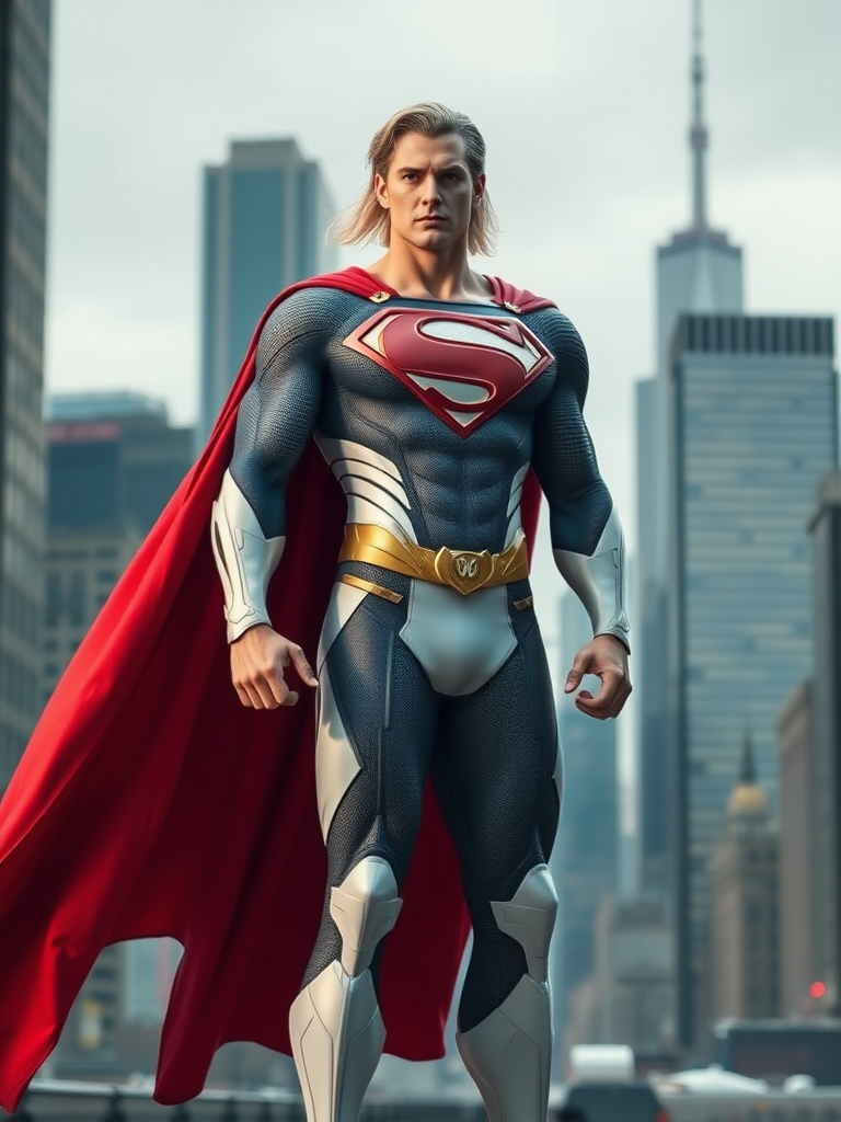 Generate a full-length image of Superman, but with the body attributes of Emma Frost from the X-Men. The character should largely maintain the iconic costume of Superman, but creatively incorporate embellishments and elements from Emma Frost’s characteristic attire that complement his look. Place this hybrid character in a background setting that is fitting for both Superman's Metropolis and Emma Frost's typical environments.