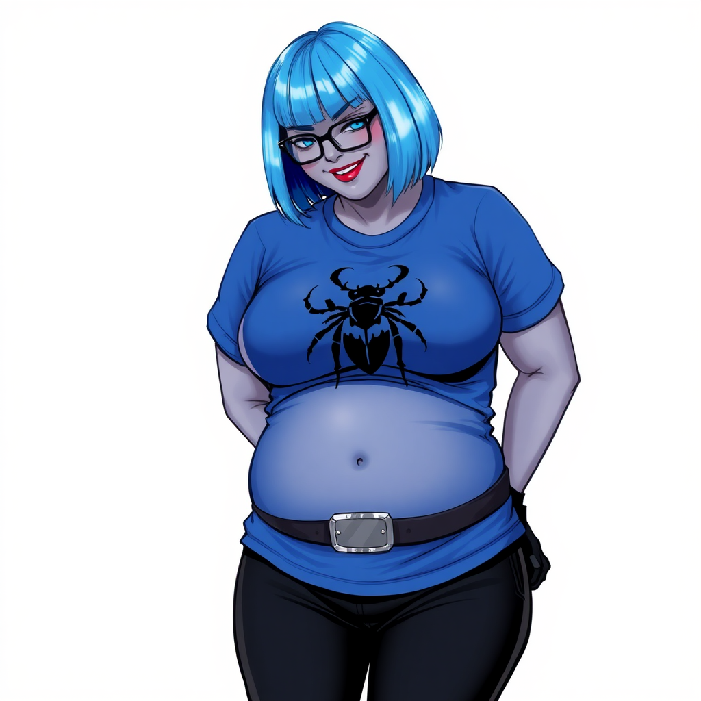 A 28-year-old, full-figured, metallic middle gray skinned computer program hybrid with a short maximum blue bob cut. She has a non-athletic build, highlighted by a prominent, round midsection (with a focus on her round belly). As a digital sidekick to her cyberpunk vigilante boyfriend, her middle gray metallic skin and maximum blue lipstick emphasize her digital nature. She wears a huge, tight-fitting, maximum blue t-shirt (accentuating her belly) with a black chest icon of a beetle, black pants, a black belt with a sapphire scarab buckle, and black gloves. Her bright blue eyes, black eyeglasses, and shy smile with neon red blush accentuate her nerdiness. She bashfully bows her head (while still facing the screen) with her hands behind her back, her t-shirt covers her midsection (especially her belly) and emphasizing her full-figured, non-athletic physique. She is on a solid white background. She is drawn as if she was in a retro 2D cyberpunk fighting game. She is clearly non-athletic, with a focus on her full figure. Make sure her outfit covers all of her bare skin (especially her midsection).