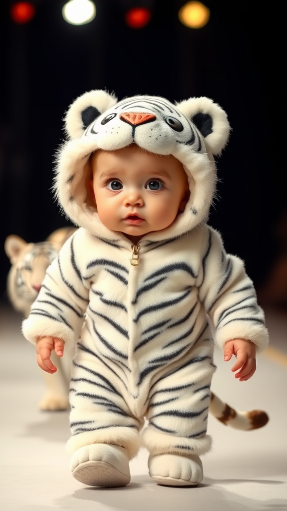 A cute small chubby fair baby with big eyes, pink lips, and pink cheeks, wearing a furry cozy white tiger costume, doing a ramp walk in a fashion show, walking with a real white tiger in a cinematic style.