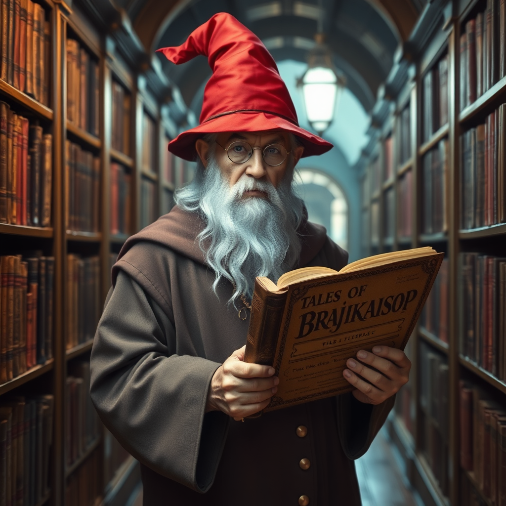 An old male wizard looking at camera in a red pointed hat walking through a library while reading from an old book titled "Tales of Brajkaisop"